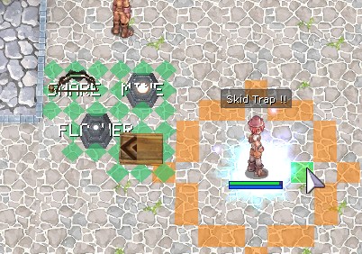 Traps on the ground, each with the cells it reaches coloured green